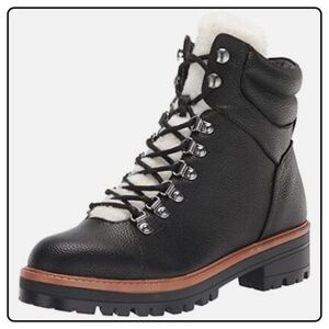 Vegan Marc Fisher Mallie3 lug sole ankle boot, man made materials. Black, 8.5M